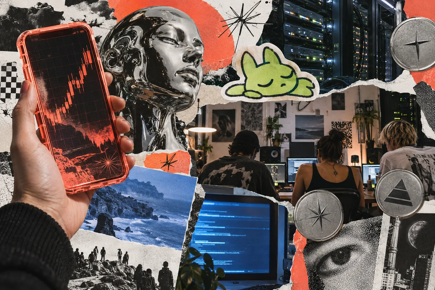 Collage of creators, markets, a synthetic entity and internet art